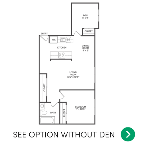 1 Bedroom with a den apartment floor plan in East Lansing, MI near Michigan State University | Woodbrook Village Apartments